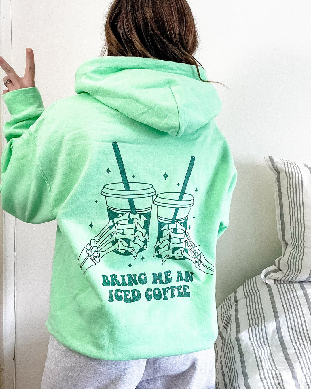 Bring Me An Iced Coffee Hoodie - Mint with Forest Metallic Print