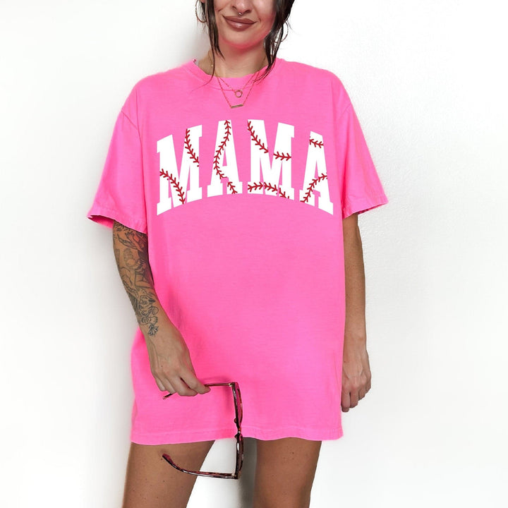 MAMA Baseball Print Tee - Neon Pink