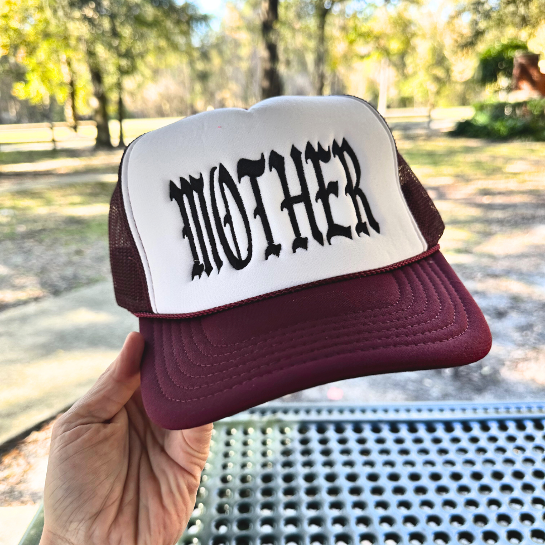 Mother Blackletter Embroidered Trucker Cap - Maroon