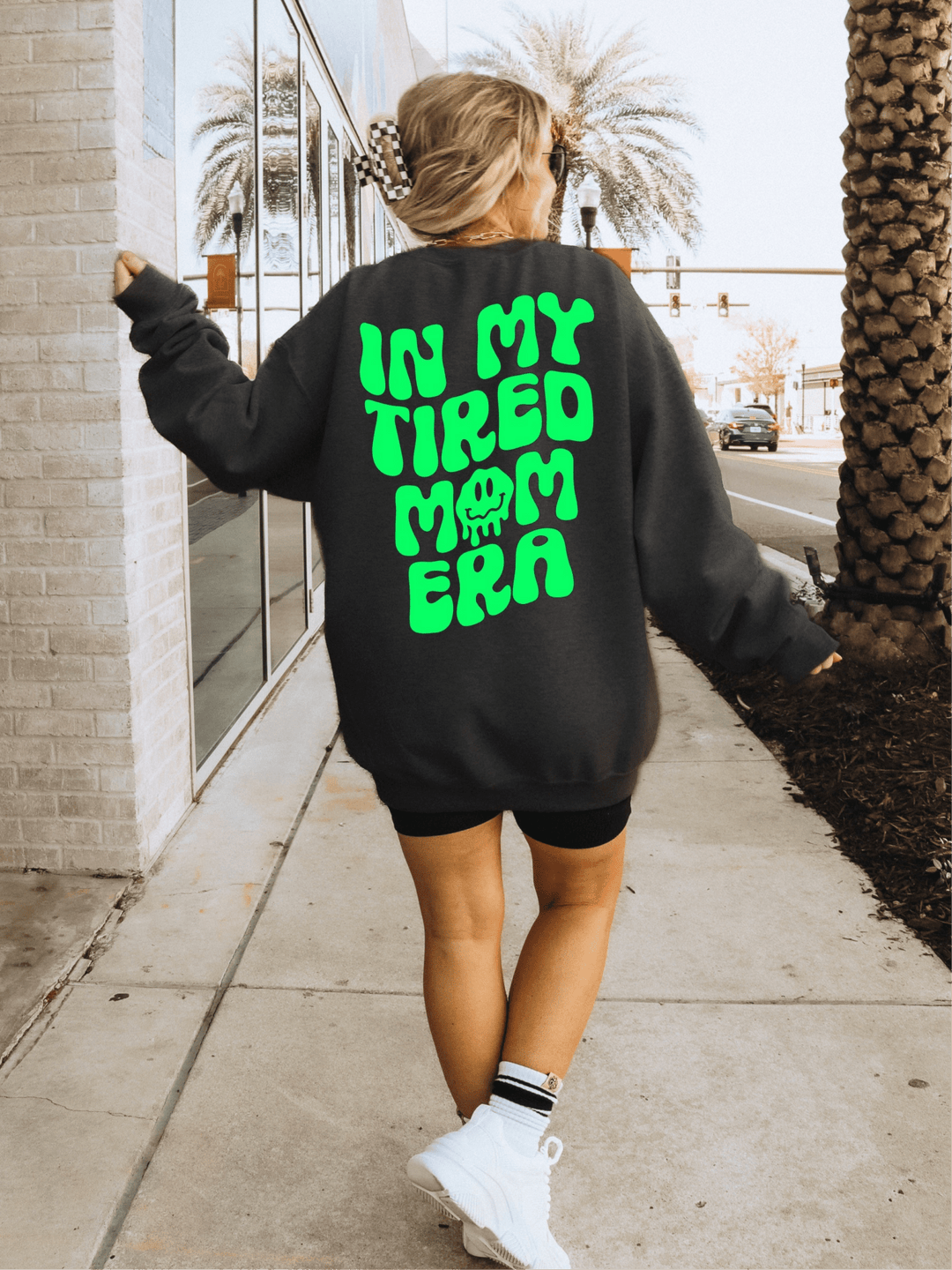 In My Tired Mom Era Sweatshirt - Black with Neon Green Print