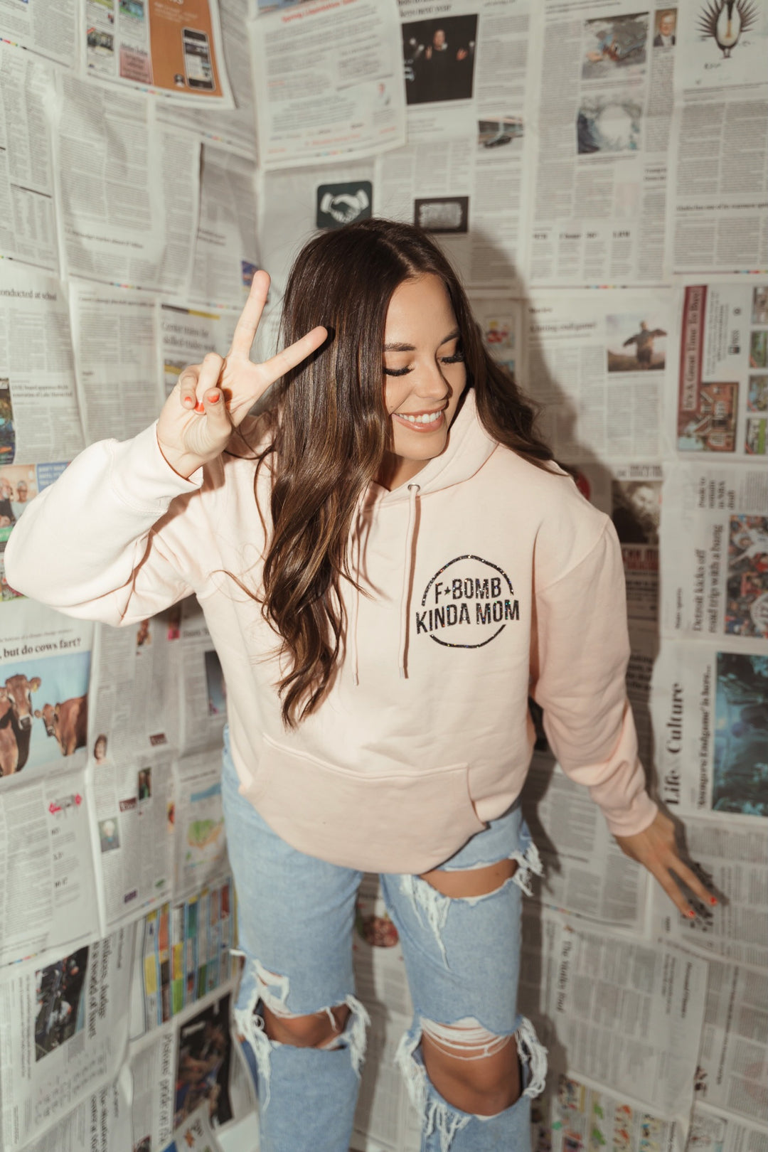 F-Bomb Mom Baby Pink Hoodie w/ Black Jewel Print