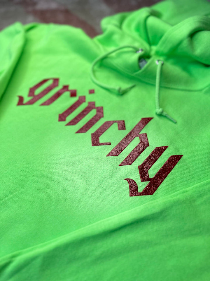 Grinchy Blackletter Hoodie - Neon Green with Red Glitter Print (PREORDER)