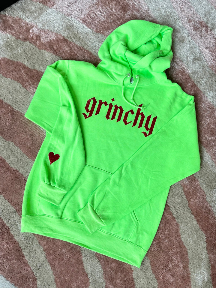 Grinchy Blackletter Hoodie - Neon Green with Red Glitter Print (PREORDER)