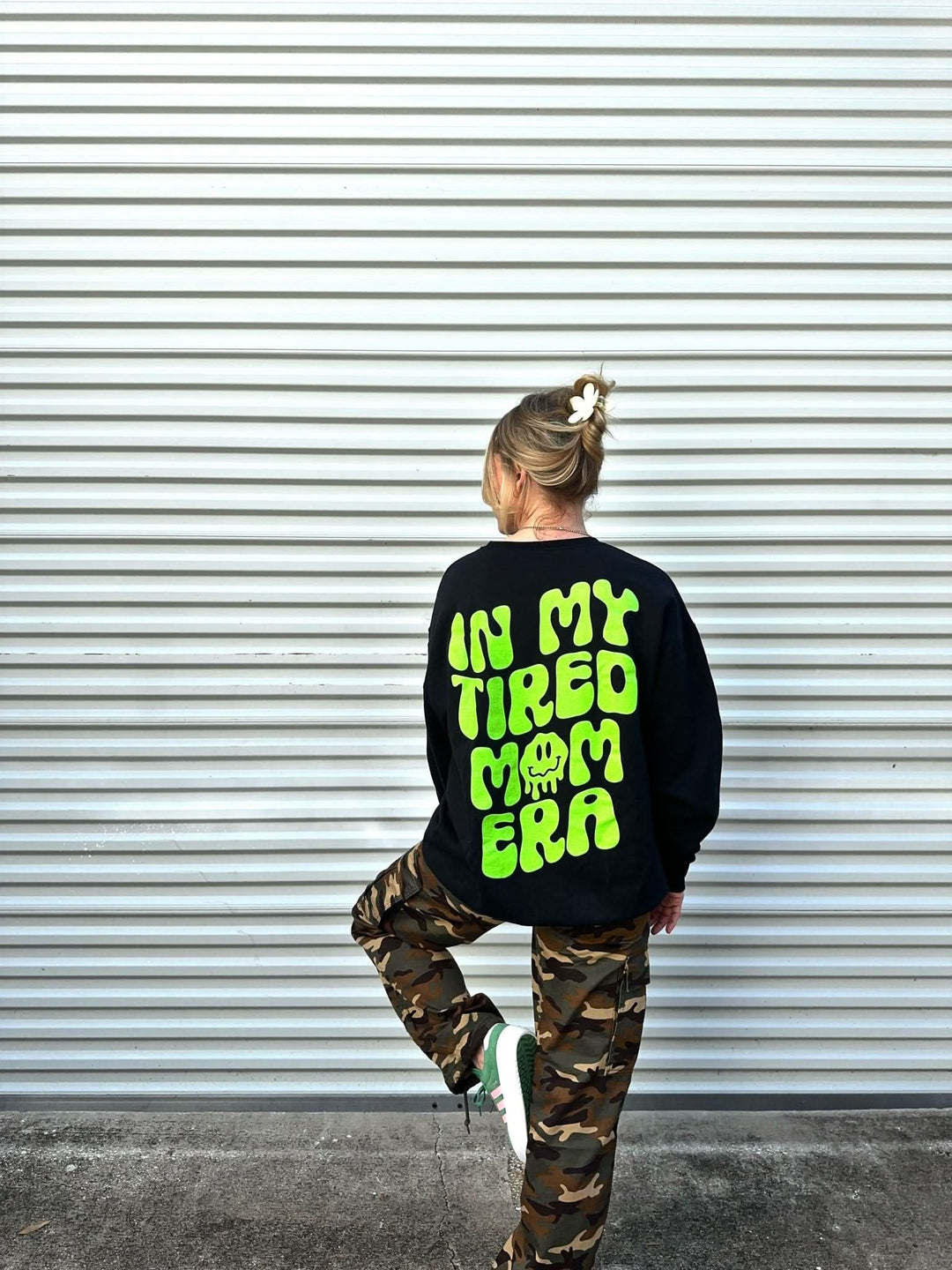 In My Tired Mom Era Sweatshirt - Black with Neon Green Print