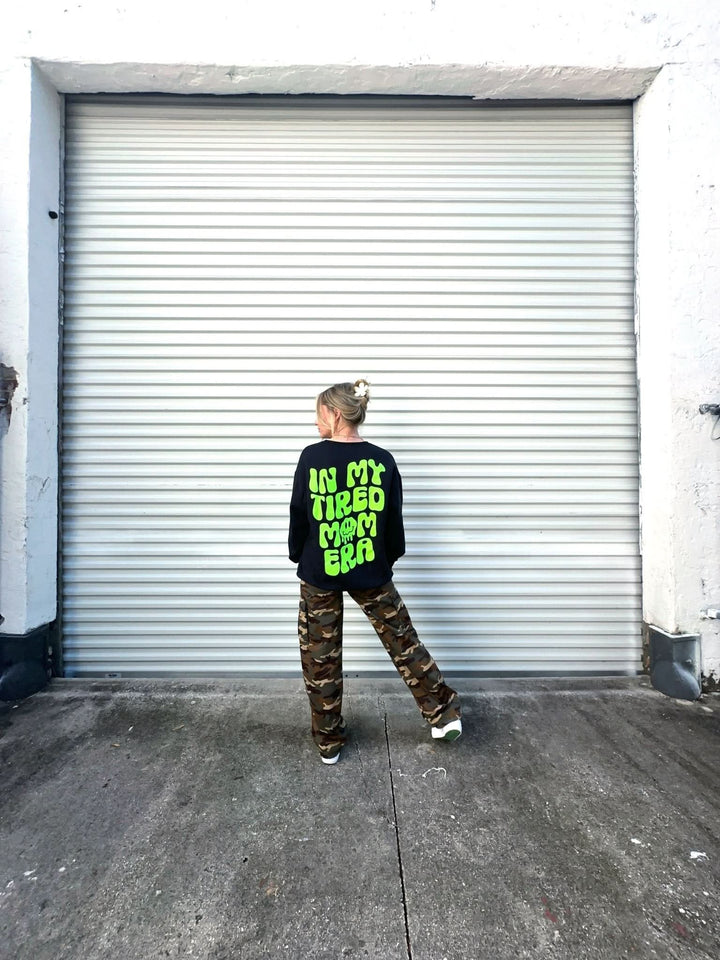 In My Tired Mom Era Sweatshirt - Black with Neon Green Print
