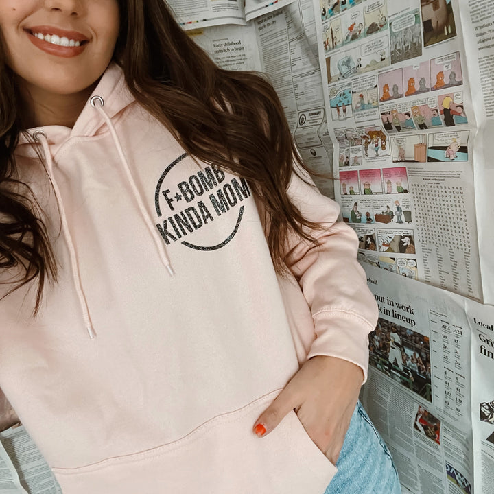 F-Bomb Mom Baby Pink Hoodie w/ Black Jewel Print