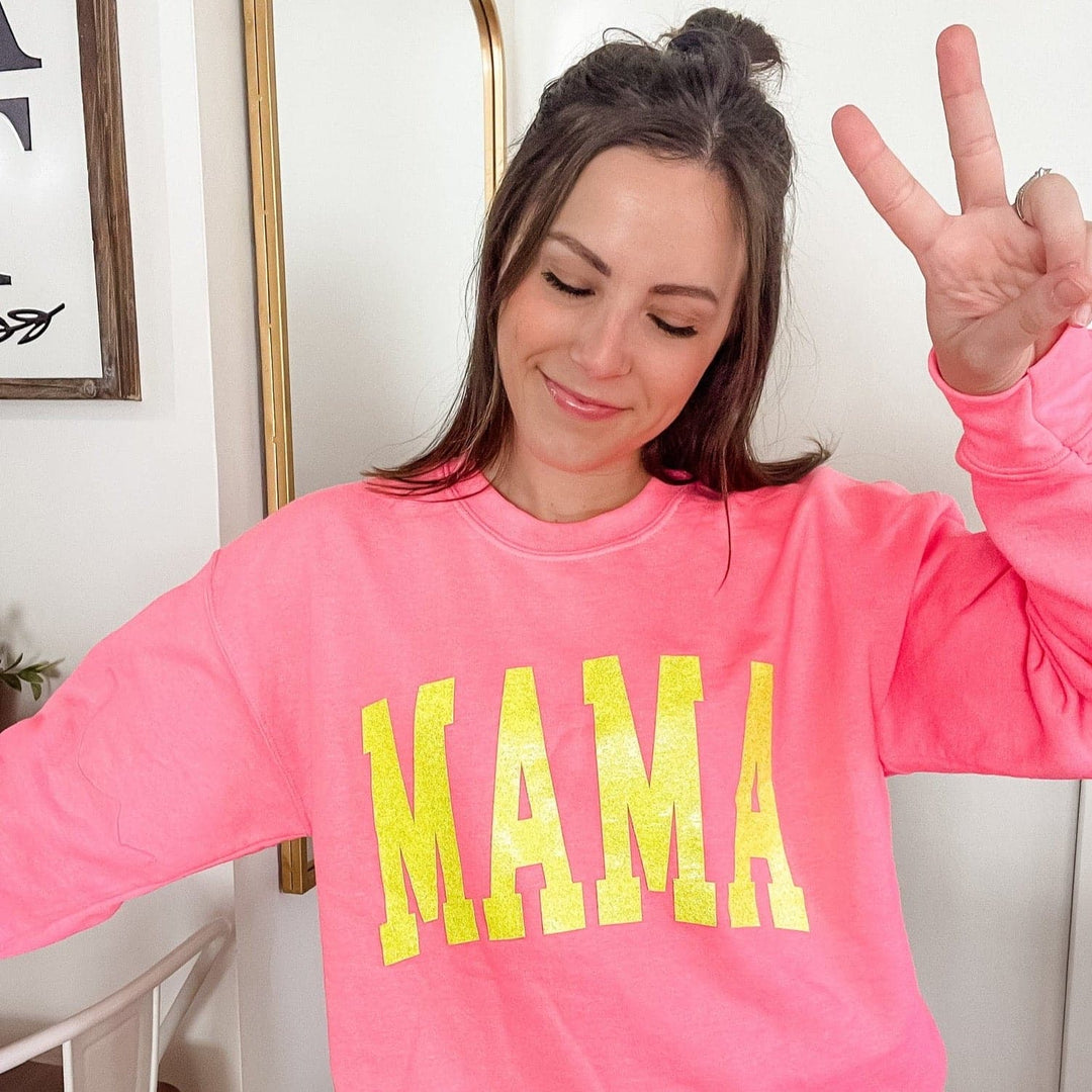 MAMA Collegiate Neon Pink Sweatshirt with Yellow Jewel Print