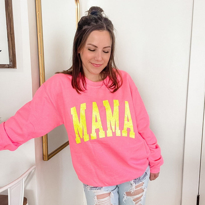 MAMA Collegiate Neon Pink Sweatshirt with Yellow Jewel Print