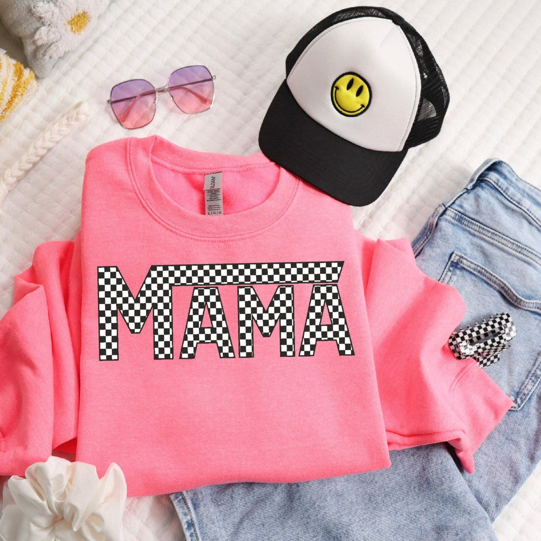 Mama Checkered Sweatshirt - Neon Pink