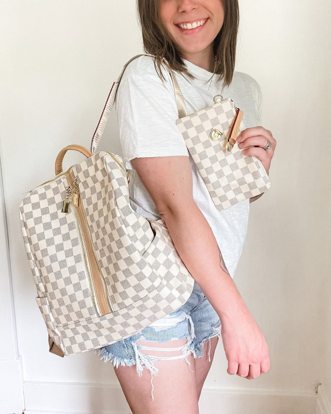 Olivia Convertible Backpack - White Plaid – Sweetees