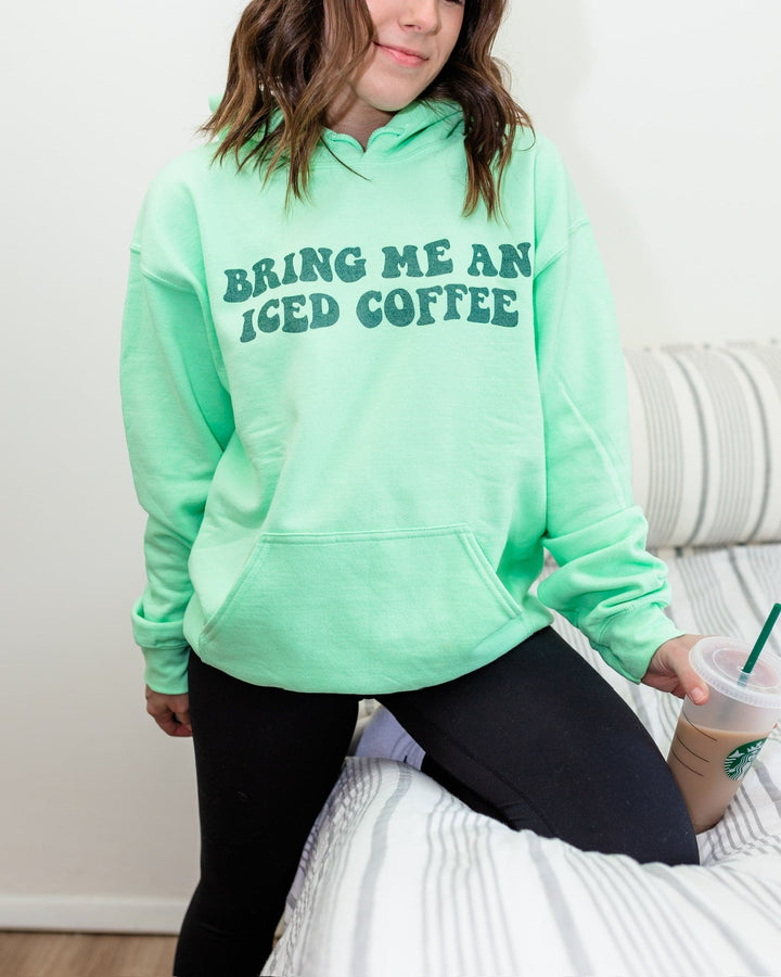 Bring Me An Iced Coffee Hoodie - Mint with Forest Metallic Print