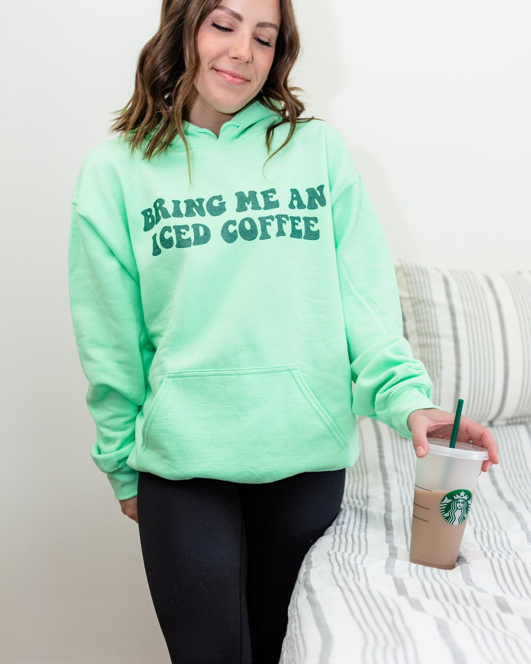 Bring Me An Iced Coffee Hoodie - Mint with Forest Metallic Print