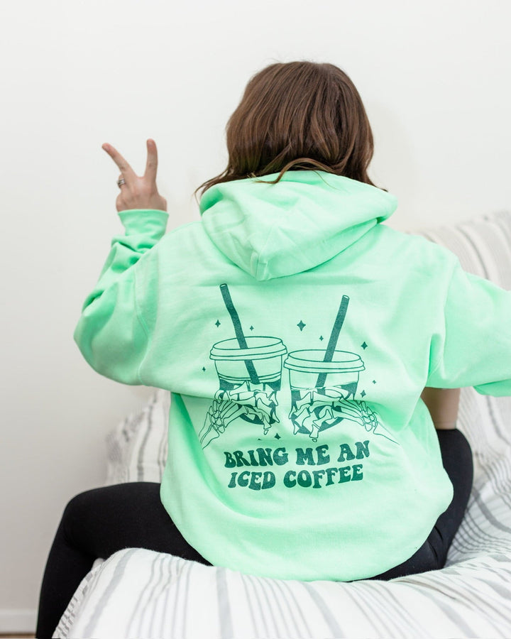 Bring Me An Iced Coffee Hoodie - Mint with Forest Metallic Print