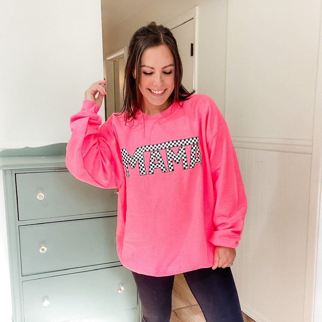 Mama Checkered Sweatshirt - Neon Pink