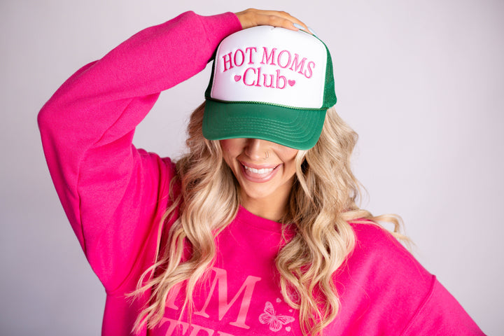 Hot Moms Club Embroidered Trucker Cap - Green & White