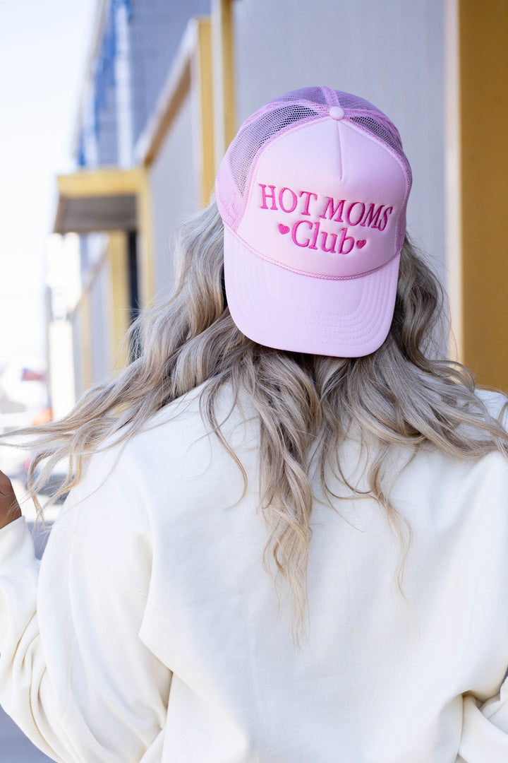 Hot Moms Club Embroidered Trucker Cap - Baby Pink