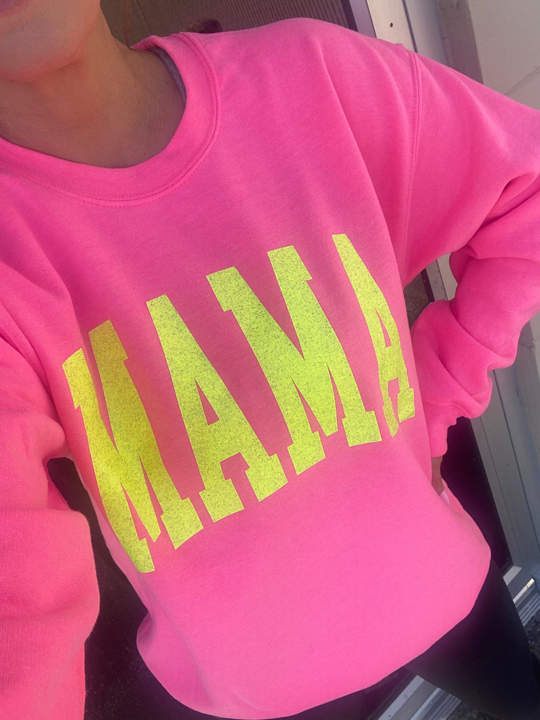 MAMA Collegiate Neon Pink Sweatshirt with Yellow Jewel Print