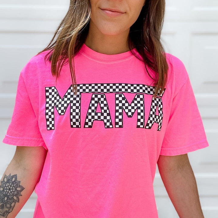 MAMA Checkered Tee - Neon Pink