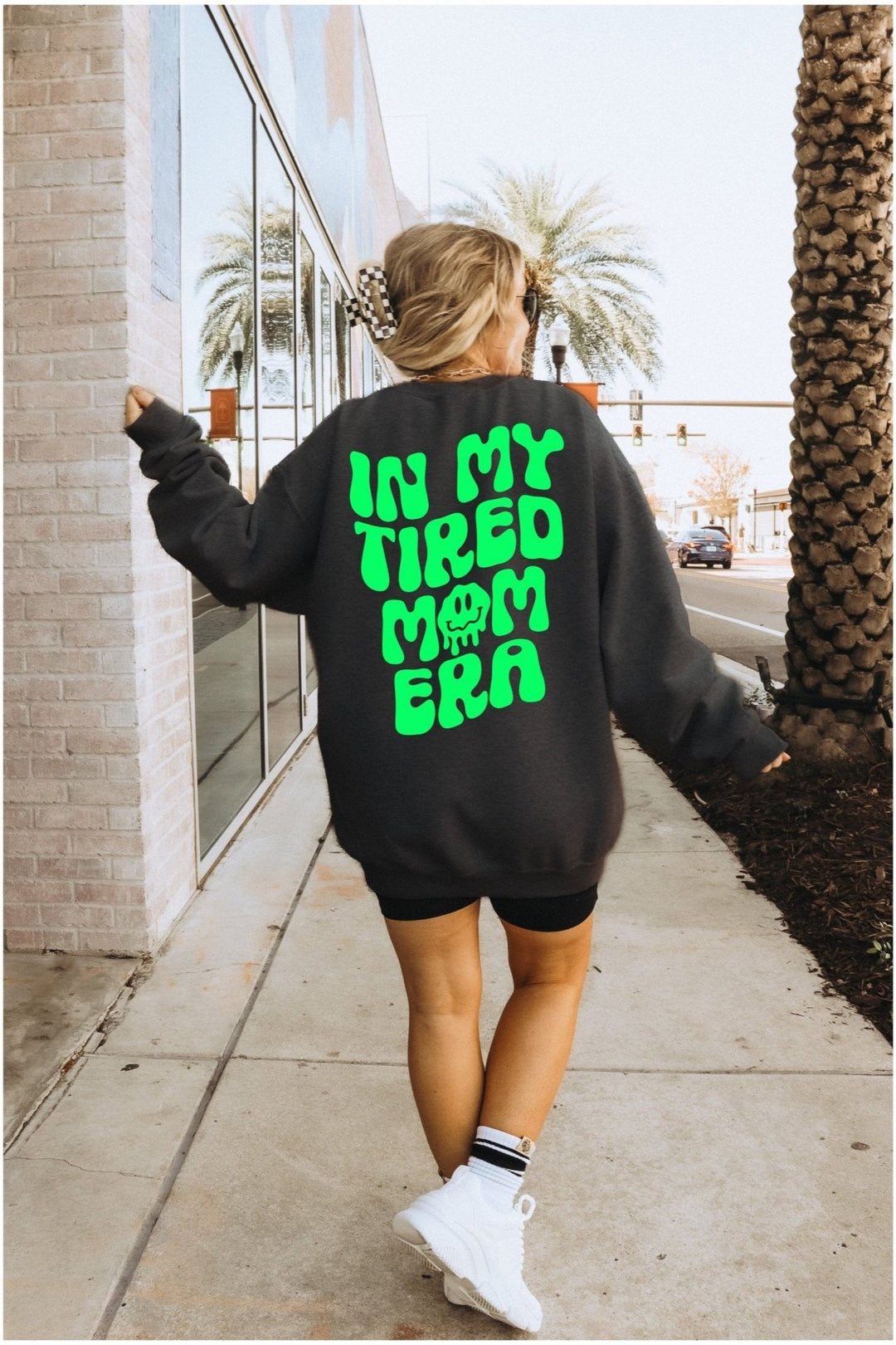 In My Tired Mom Era Sweatshirt - Black with Neon Green Print