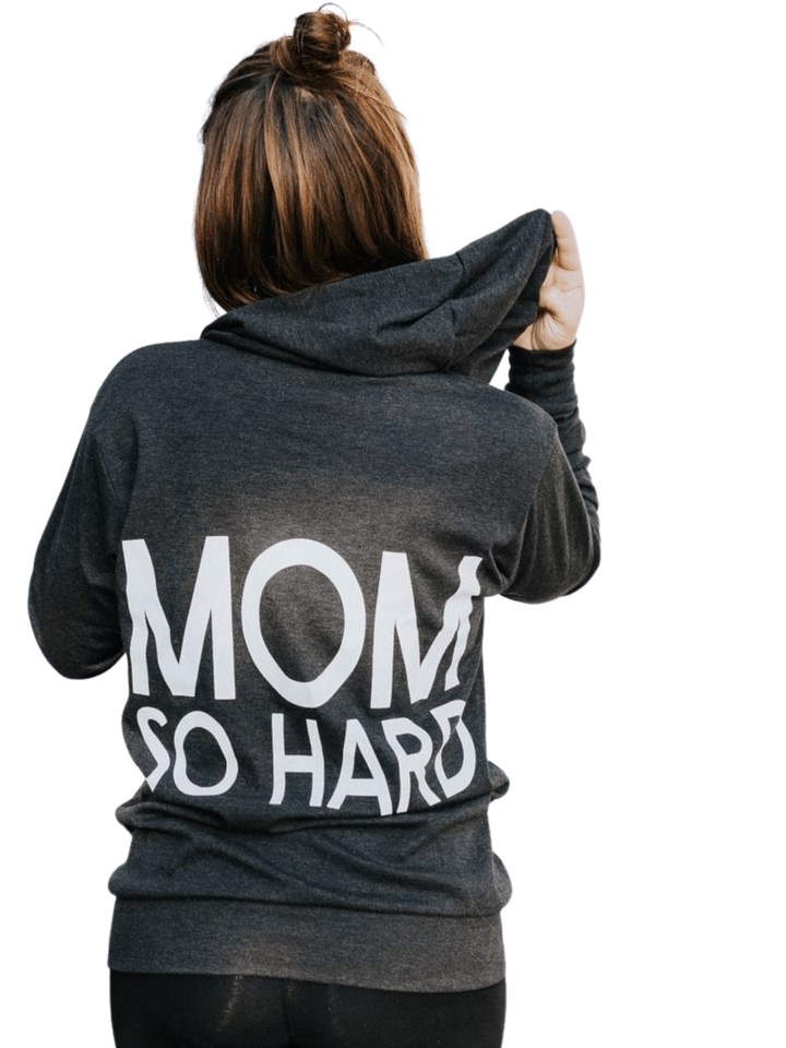 Mom So Hard Lightweight Zip-Up Hoodie - Charcoal with White Print