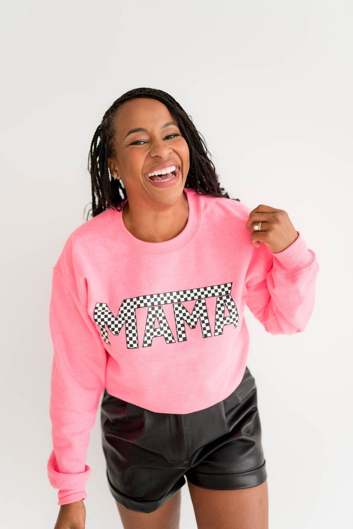 Mama Checkered Sweatshirt - Neon Pink