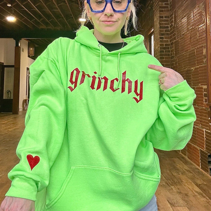 Grinchy Blackletter Hoodie - Neon Green with Red Glitter Print (PREORDER)