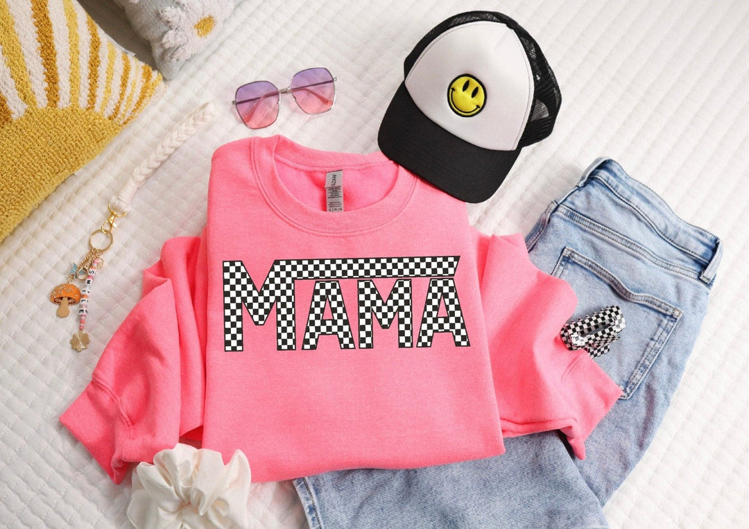 Mama Checkered Sweatshirt - Neon Pink