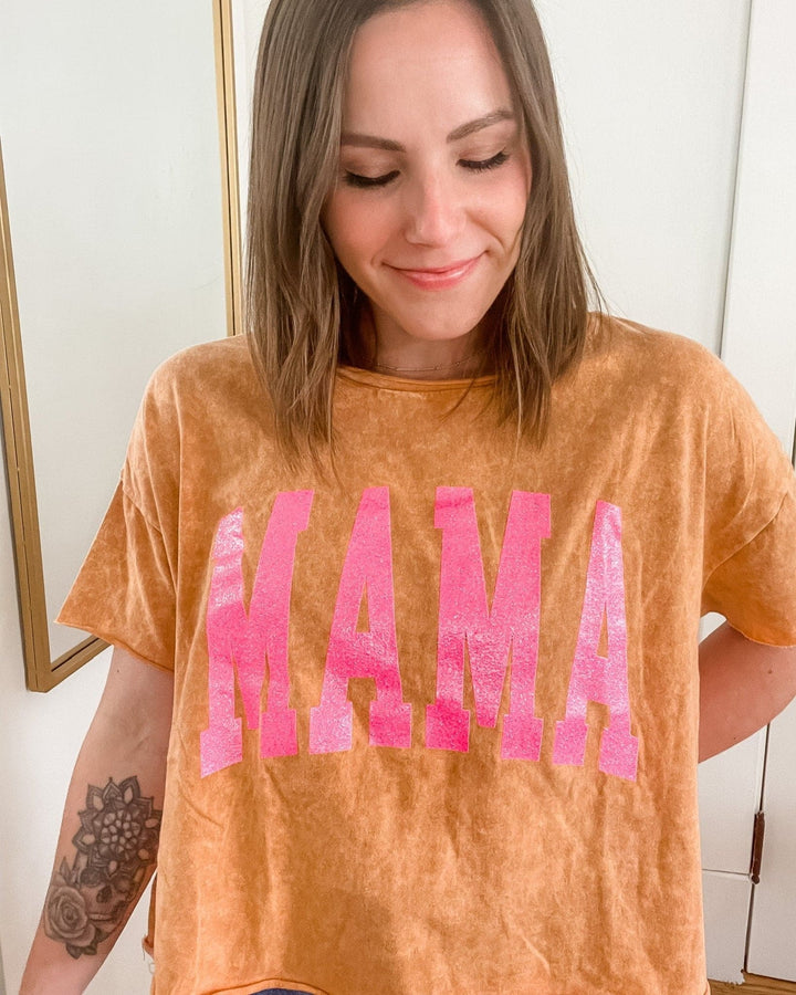MAMA Collegiate Acid Wash Cropped Tee