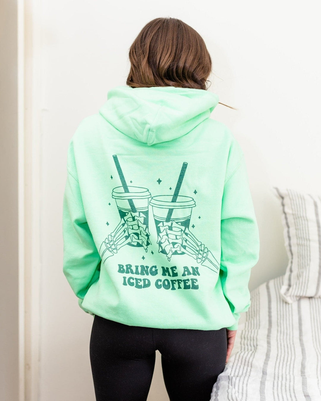 Bring Me An Iced Coffee Hoodie - Mint with Forest Metallic Print