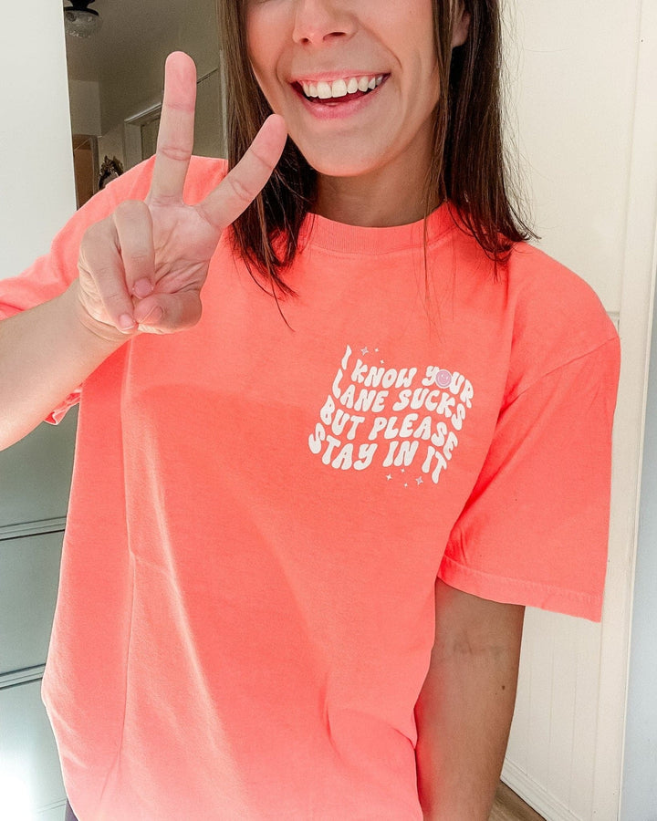 Stay In Your Lane Tee - Neon Coral