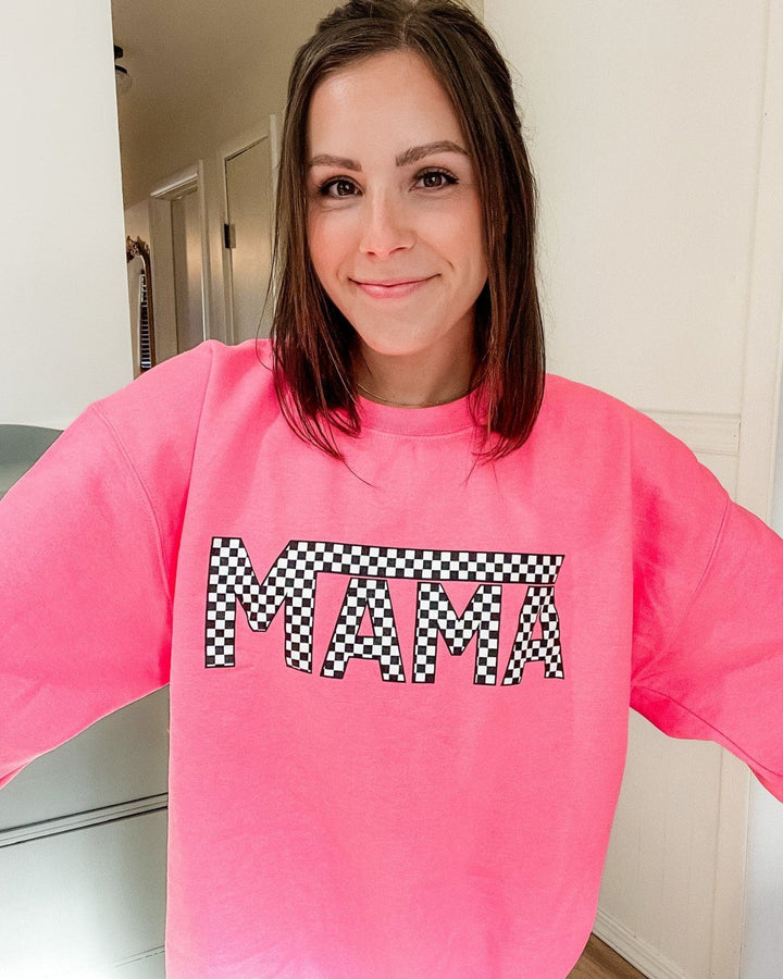 Mama Checkered Sweatshirt - Neon Pink