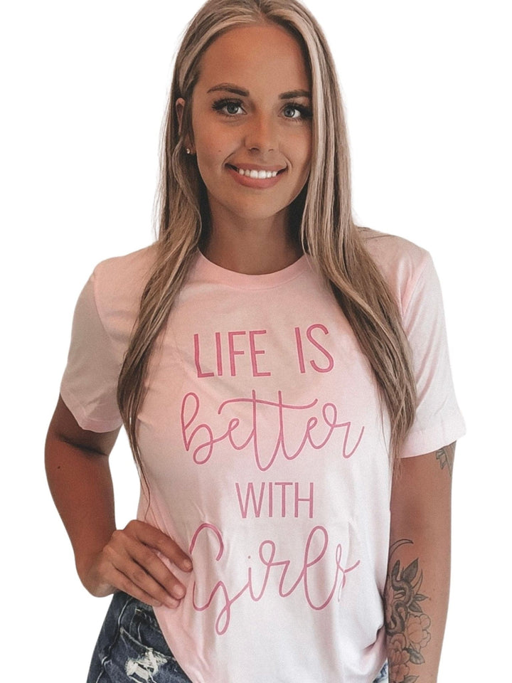 Life Is Better With Girls Tee - Blush w/ Metallic Berry Print