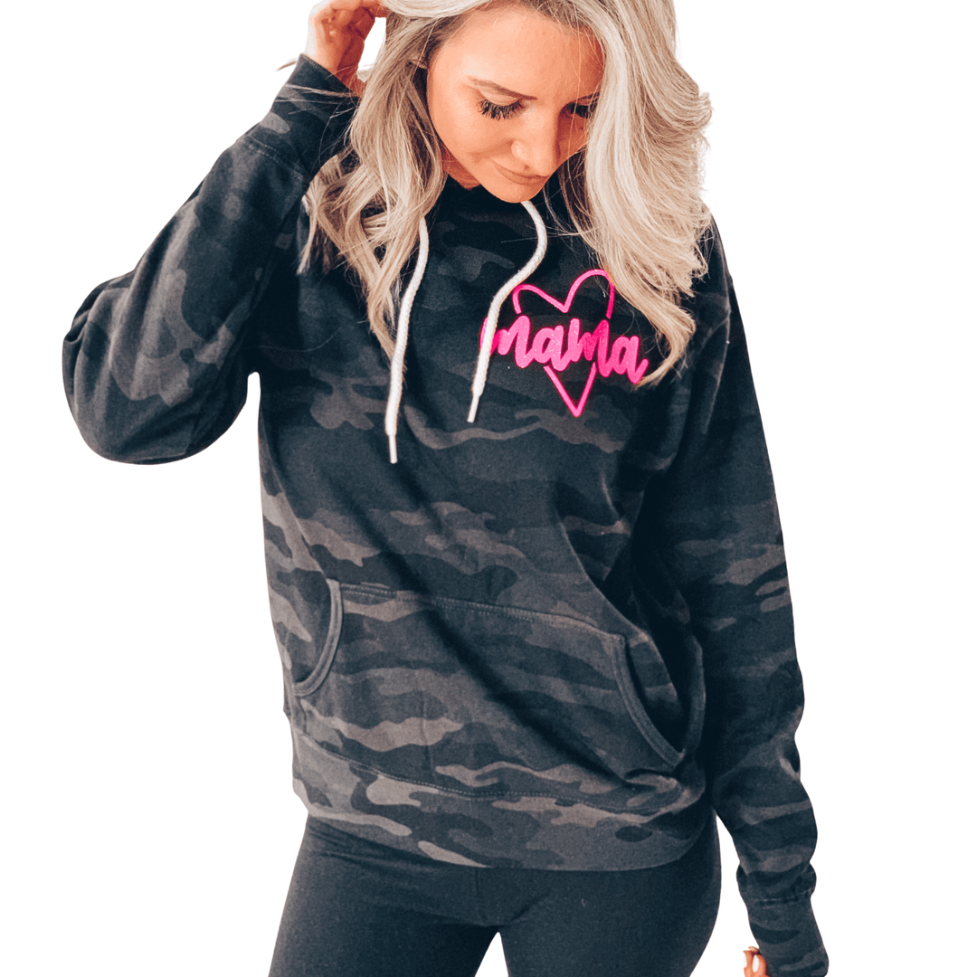 Mama Heart Black Camo Hoodie w/ Neon Pink Jewel Print