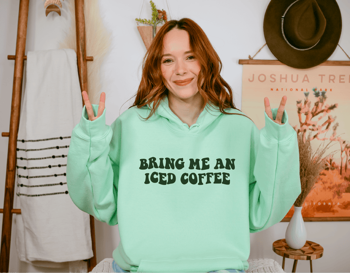 Bring Me An Iced Coffee Hoodie - Mint with Forest Metallic Print