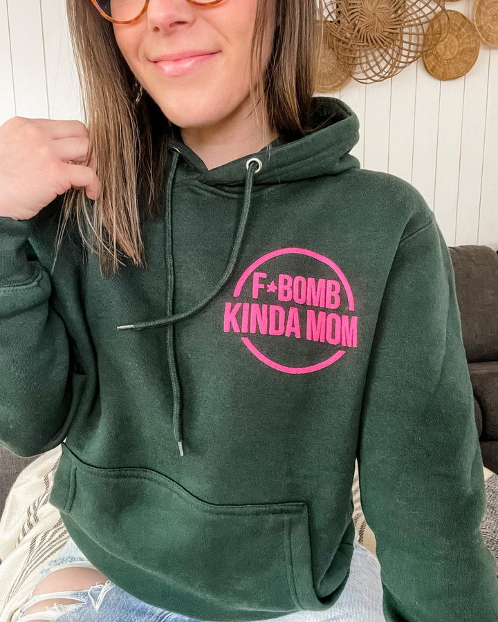 F Bomb Mom Evergreen Hoodie with Neon Pink Puff Print