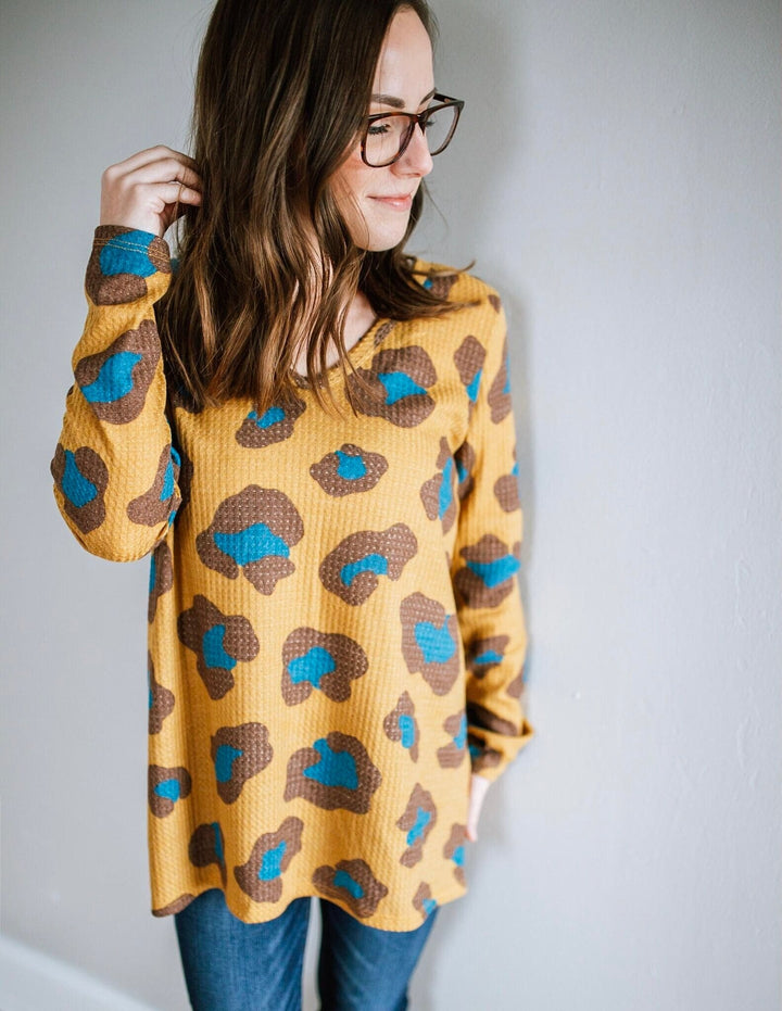 Leopard Waffle Long Sleeved Top - Mustard