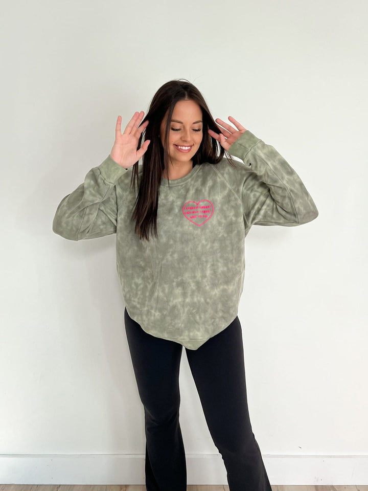 Wanna Cry Olive Tie Dye Sweatshirt with Neon Pink Puff Print