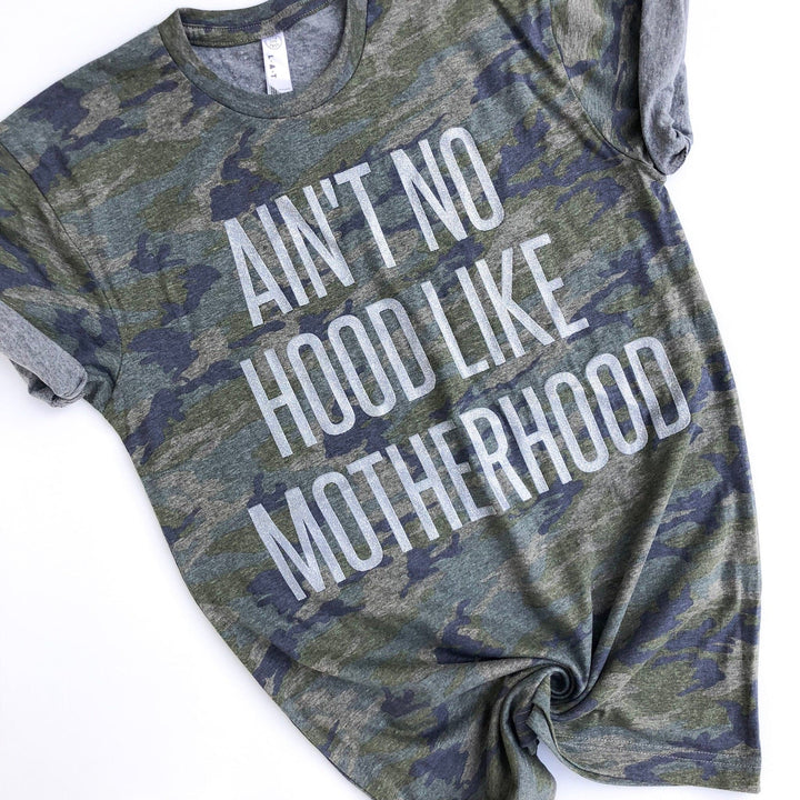Ain't No Hood Like Motherhood Camo Tee w/ Silver Jewel Print