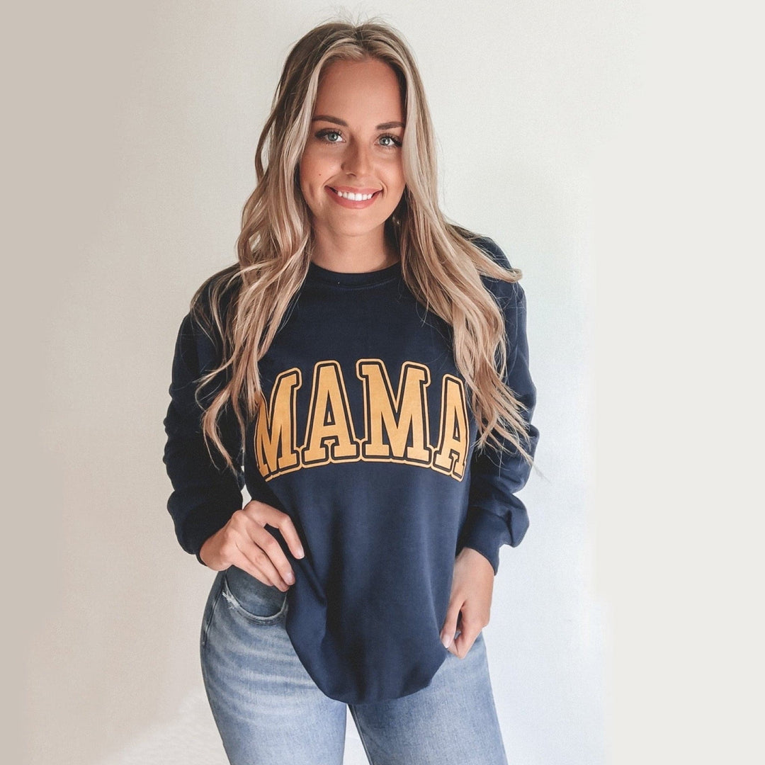Mama Collegiate Sweatshirt - Navy w/ Mustard Print