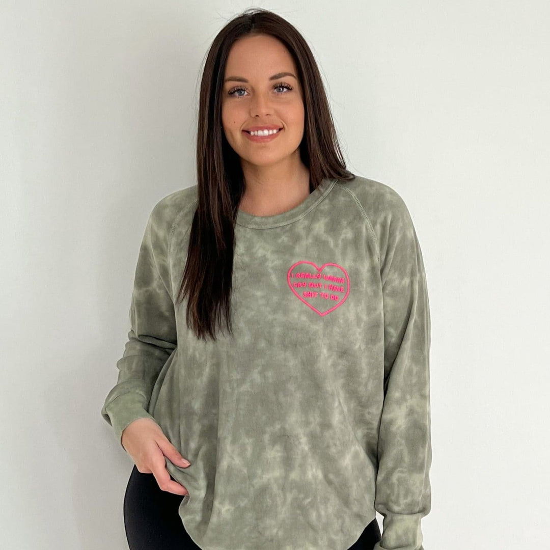 Wanna Cry Olive Tie Dye Sweatshirt with Neon Pink Puff Print