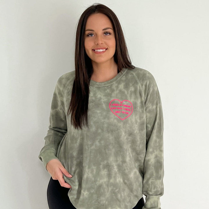 Wanna Cry Olive Tie Dye Sweatshirt with Neon Pink Puff Print