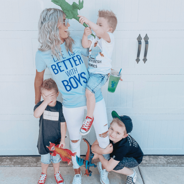 Life Is Better With Boys Tee - Pale Blue w/ Navy Print