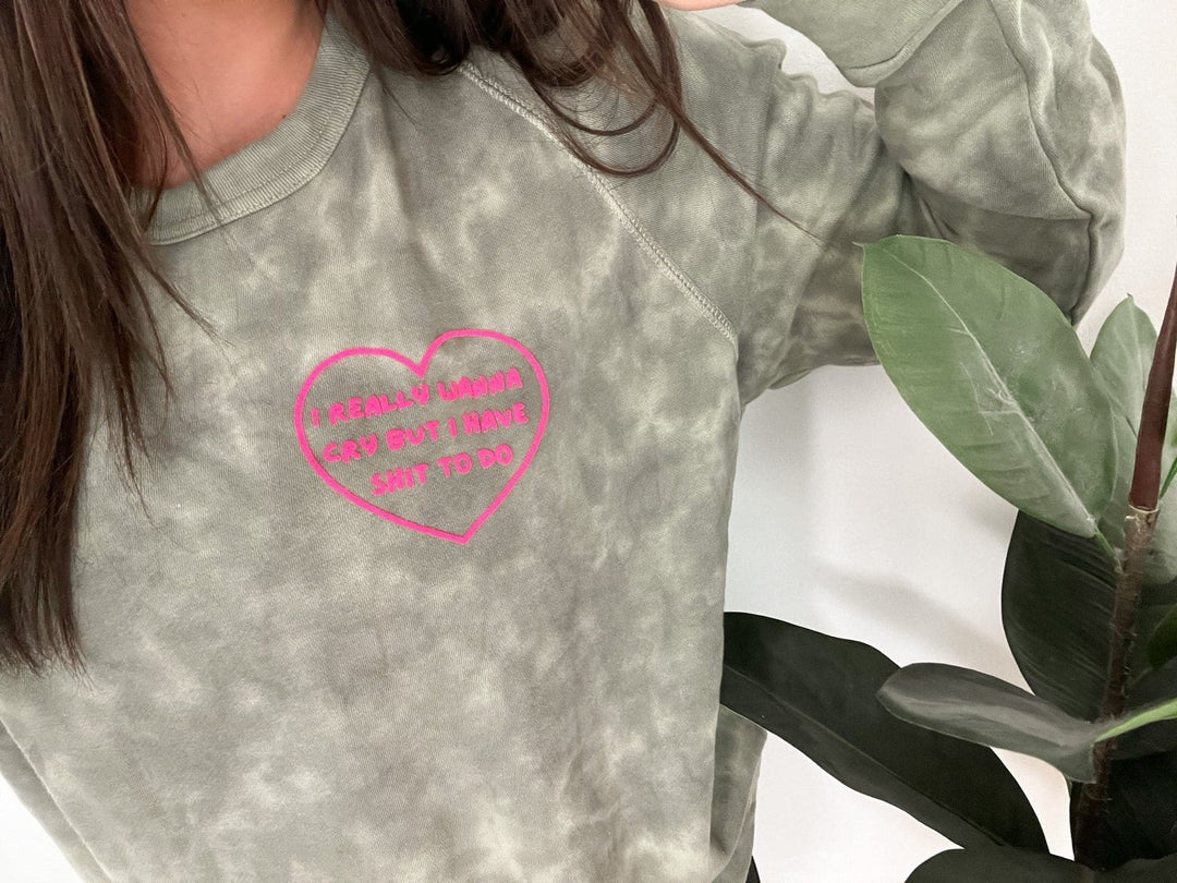 Wanna Cry Olive Tie Dye Sweatshirt with Neon Pink Puff Print