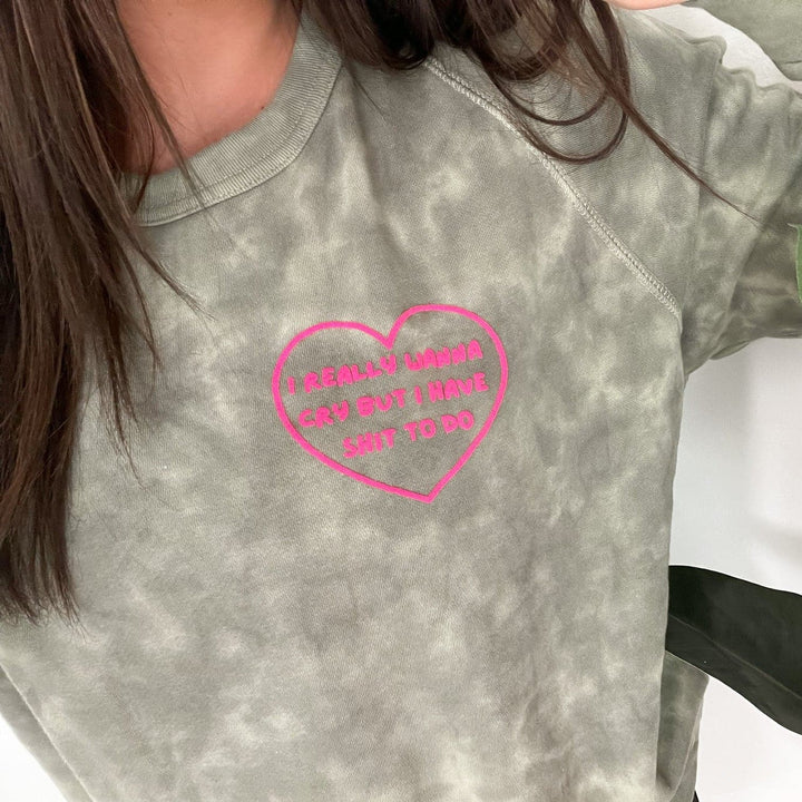 Wanna Cry Olive Tie Dye Sweatshirt with Neon Pink Puff Print