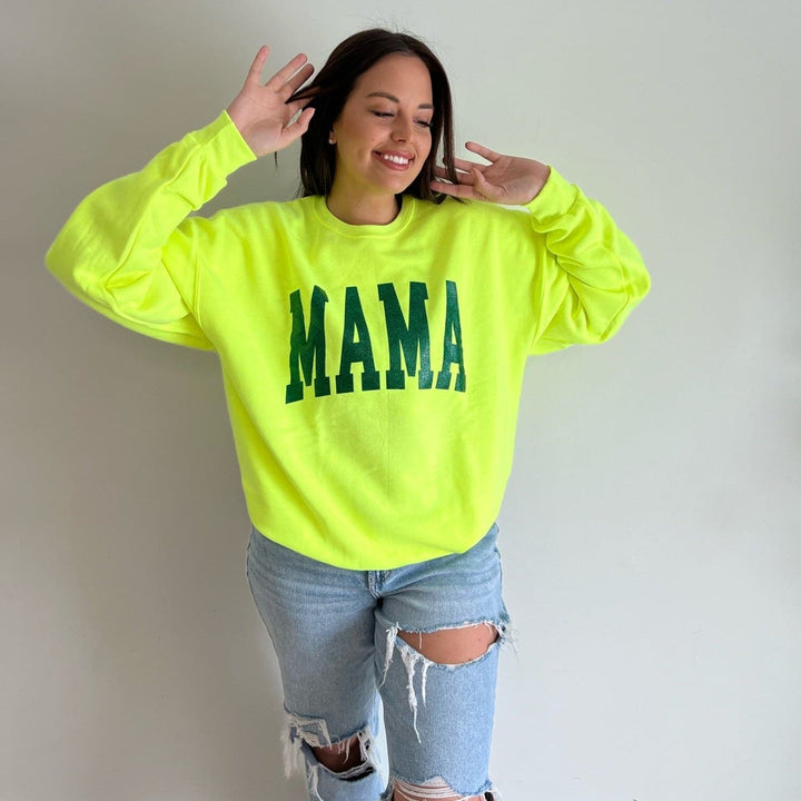 MAMA Collegiate Neon Sweatshirt w/ Forest Glitter