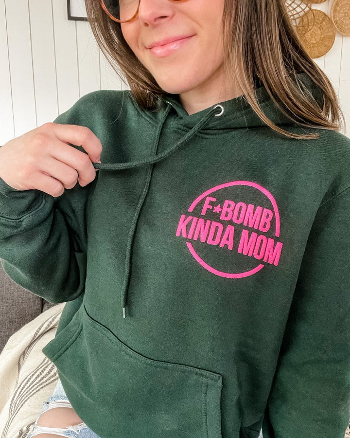 F Bomb Mom Evergreen Hoodie with Neon Pink Puff Print