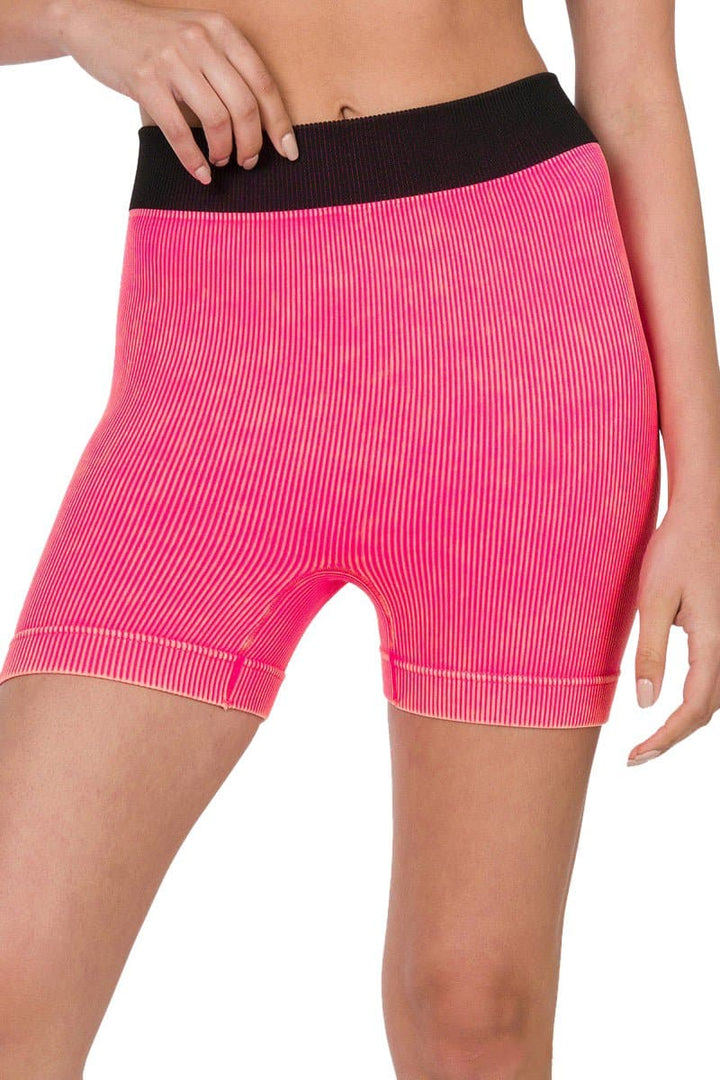 Mineral Wash Contrast Band Ribbed Seamless Shorties - Neon Pink