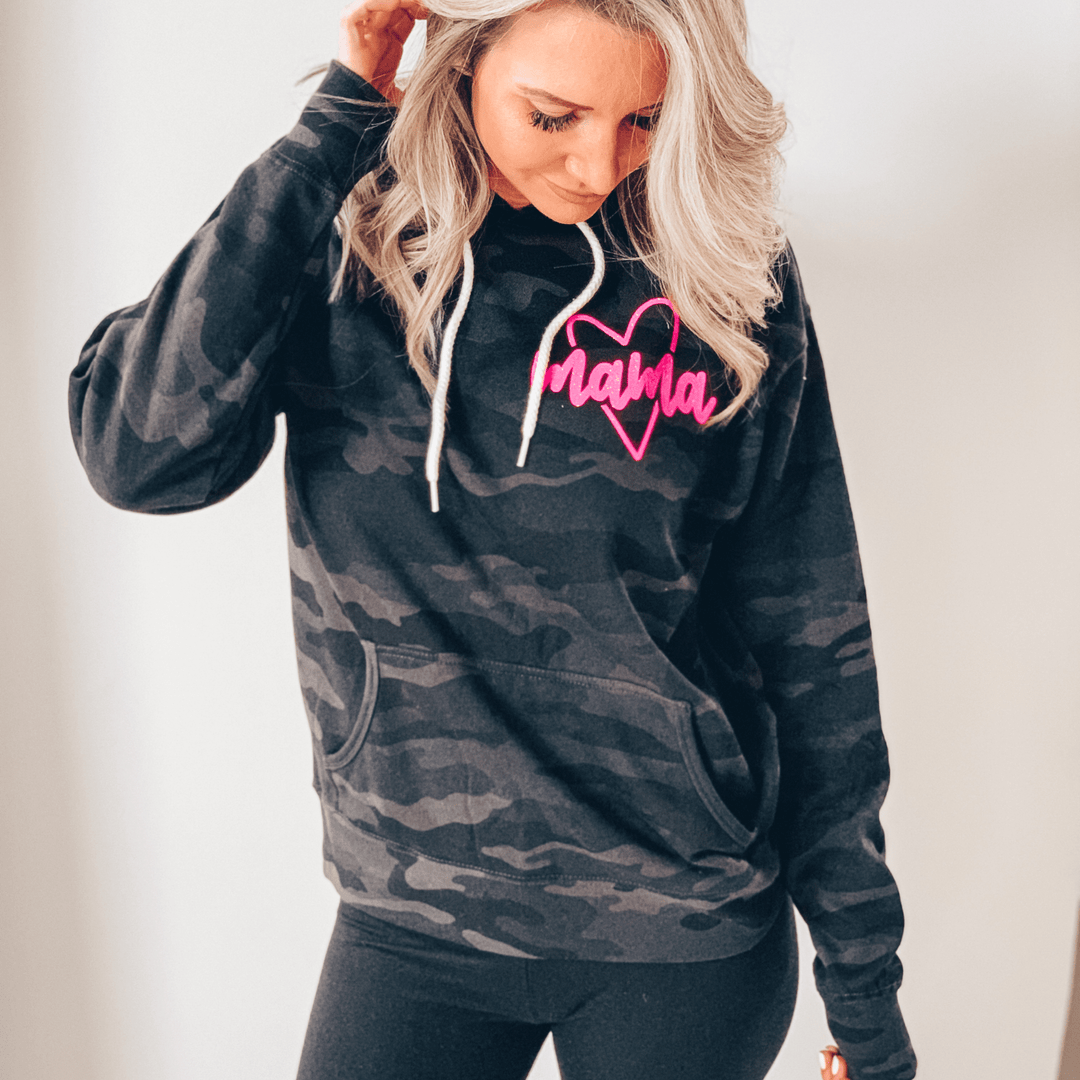 Mama Heart Black Camo Hoodie w/ Neon Pink Jewel Print