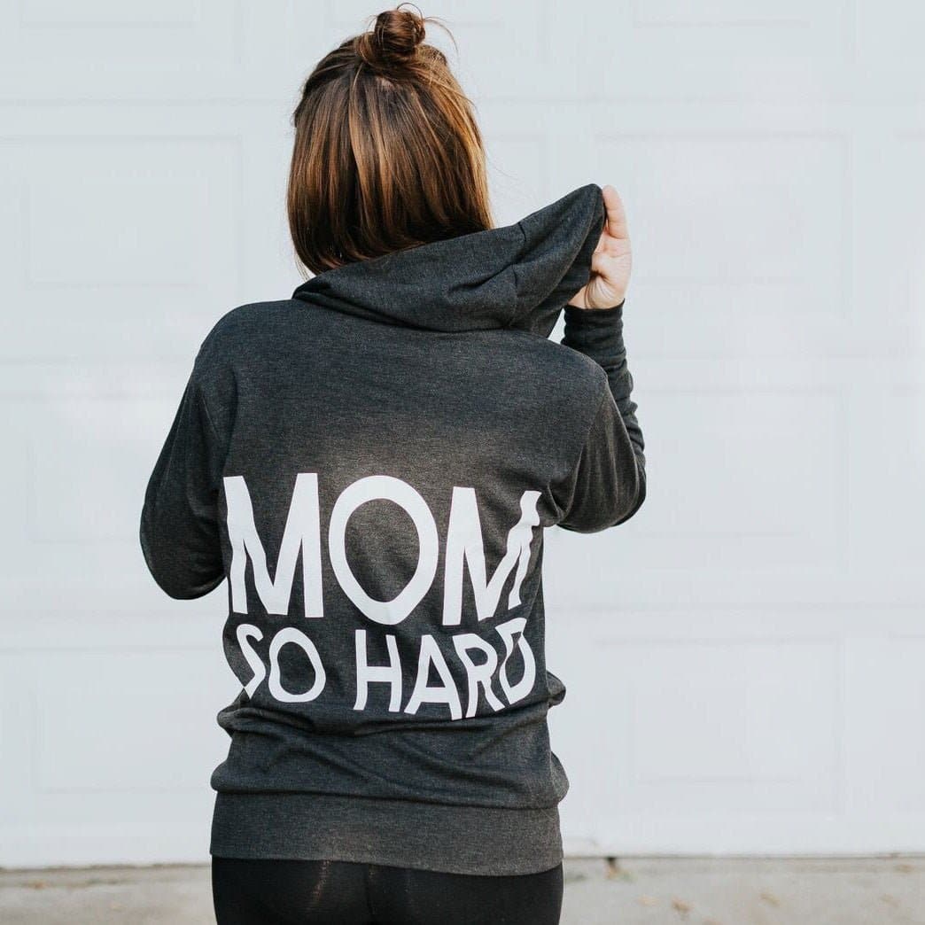 Mom So Hard Lightweight Zip-Up Hoodie - Charcoal with White Print