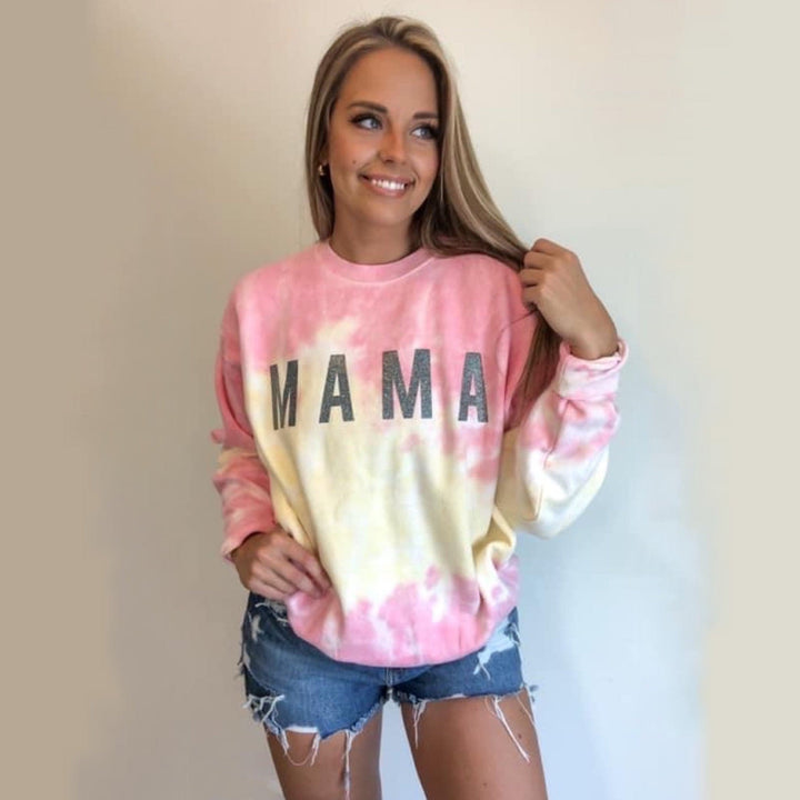 MAMA Funnel Cake Tie Dye Sweatshirt w/ Gray Jewel Print